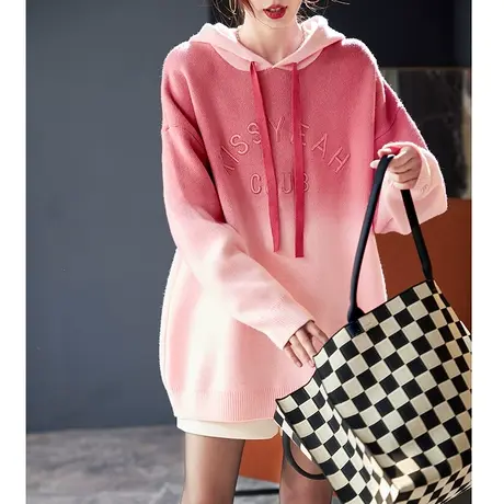 宝诗黎连帽渐变色字母宽松毛衣女中长套头针织衫上衣2024春季新款图片