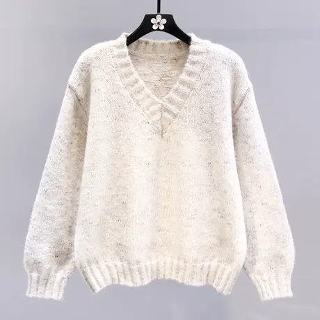 日系复古慵懒风V领毛衣女冬季2023新款宽松加厚设计感针织衫上衣图片
