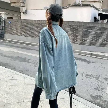 othermix 水洗做旧牛仔衬衫女2024春季新款宽松休闲百搭短款衬衣图片