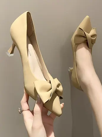 法式气质尖头高跟鞋女2024年春新款蝴蝶结尖头细跟软皮单鞋宴会鞋图片