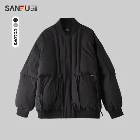 三福2023冬季男士棒球领织带短棉衣 运动风时尚保暖外套480911商品大图