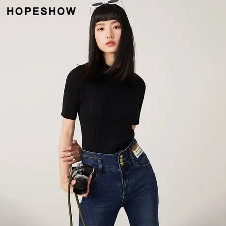 红袖纯色半高领套头针织衫hopeshow2023秋新款薄款短袖修身上衣女图片