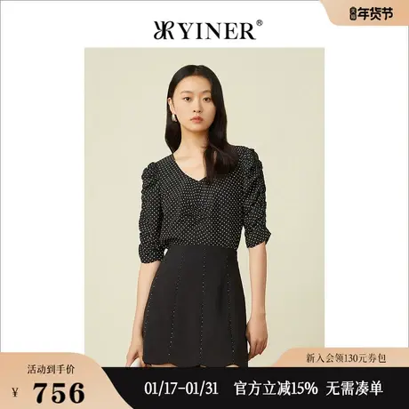 YINER音儿女装夏季法式黑吧波点印花真丝短袖衬衫上衣商品大图