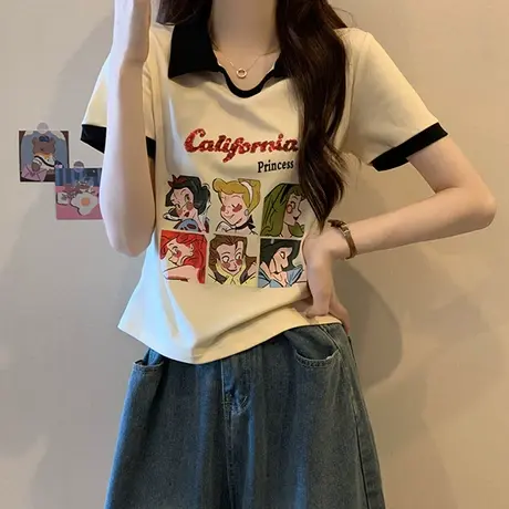 纯棉重工亮片polo领短袖t恤女夏季新款设计感小众修身短款上衣服商品大图
