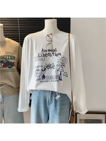 外星人印花宽松顺滑面料春季新款时尚简约慵懒纸片人休闲女款T恤商品大图