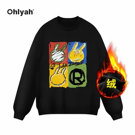 Ohlyah卡通兔子印花纯棉圆领潮牌hiphop外套秋冬加绒卫衣男女同款图片