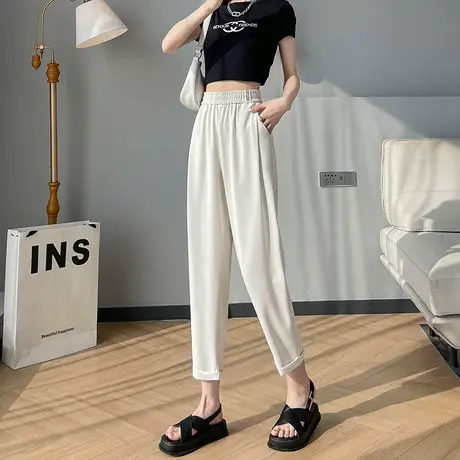 米白色西装裤女春夏薄款小个子九分显瘦哈伦翻边休闲直筒萝卜裤子商品大图