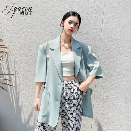 短袖西装外套女夏季薄款ins宽松休闲廓形oversize蓝色炸街小西服图片