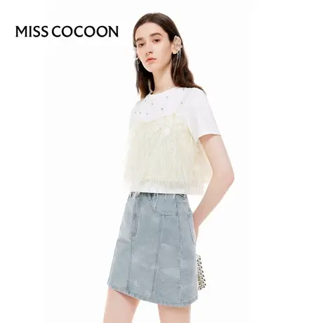 MISSCOCOON【雀翎夏梦】24春夏新款重工羽毛流苏亮片T恤两件套商品大图