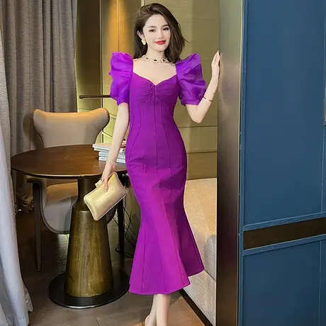 紫色鱼尾连衣裙女性感露背御姐风优雅气质收腰减龄显瘦泡泡袖裙子图片
