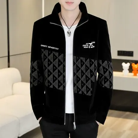 高端潮流男士灯芯绒立领夹克春秋季帅气休闲外套时尚拼接男装茄克商品大图