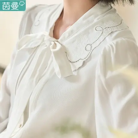 茵曼2024女装新款春秋季法式通勤宽松显瘦系带娃娃领白衬衫衬衣图片