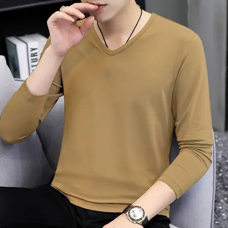 莫代尔长袖t恤男装V领潮流修身内搭打底衫纯色秋季小衫秋衣服体恤商品大图