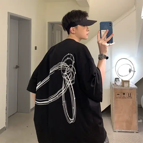 夏季创意几何印花短袖t恤男潮流ins宽松设计感小众纯棉港风体恤衫商品大图