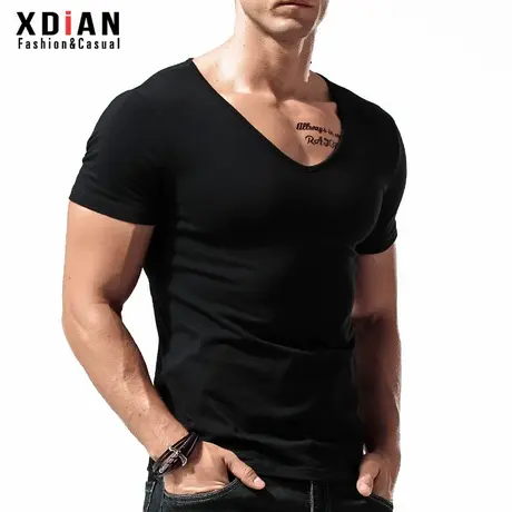 男士紧身短袖t恤纯棉大V领修身低领打底衫男深v上衣半袖夏季潮流商品大图
