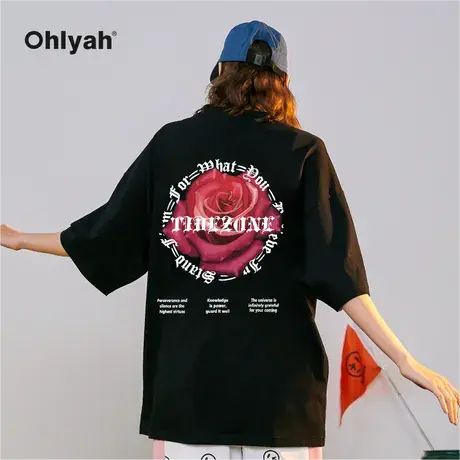 Ohlyah哥特复古潮流玫瑰花卉男女款短袖T恤夏季重磅纯棉情侣半袖商品大图