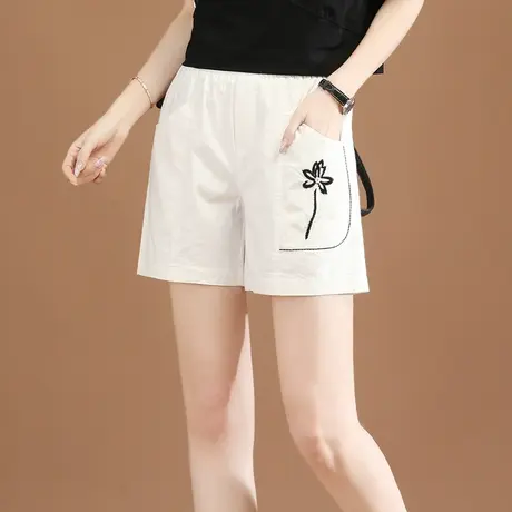 韩潮袭人松紧腰刺绣休闲哈伦短裤女2023新款阔腿裤休闲裤喇叭裤薄图片