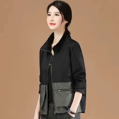 立领工装短外套女春秋2023年新款宽松百搭复古拼色棒球服薄款夹克图片