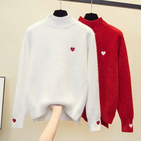 半高领水貂绒红色毛衣女套头2023秋冬新款针织衫宽松上衣厚打底衫商品大图