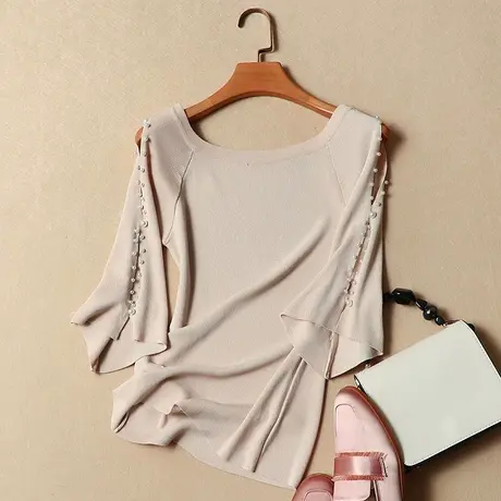短袖t恤女夏装2023新款女装冰丝针织衫修身短款套头钉珠上衣女潮商品大图
