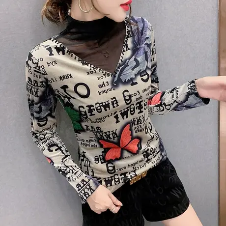 半高领内搭打底衫女春秋欧货时尚印花T恤女长袖修身洋气网纱上衣商品大图