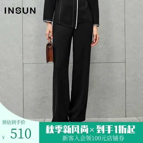 恩裳2023秋季新款简约侧边黑白撞色设计女休闲裤长直筒裤商品大图