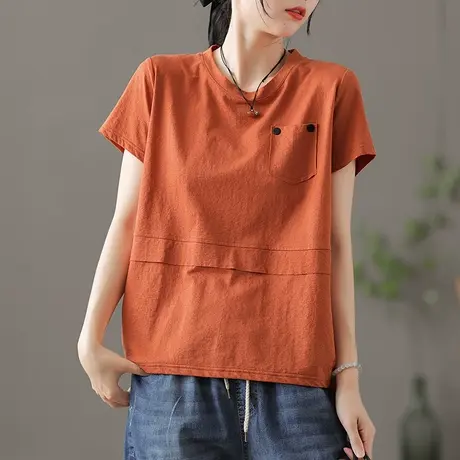 dza复古纯棉短袖t恤女士2022夏薄款漂亮体恤宽松显瘦口袋上衣打底商品大图