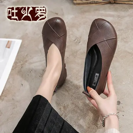 吐火罗女鞋2021新款圆头浅口小皮鞋编织软底单鞋舒适复古防滑单鞋商品大图