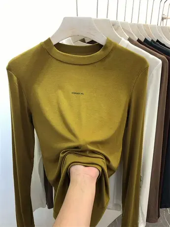 螺纹针织衫长袖T恤2022年秋冬新款女加薄绒温柔风修身打底衫上衣图片