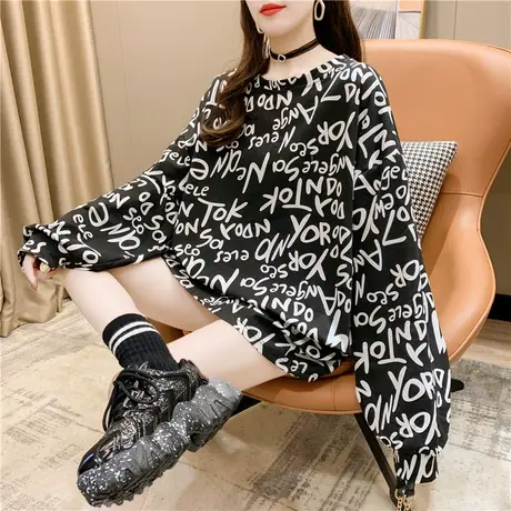 港风大码宽松长袖t恤女ins潮韩版2023年春秋季新款学生宽松上衣潮商品大图