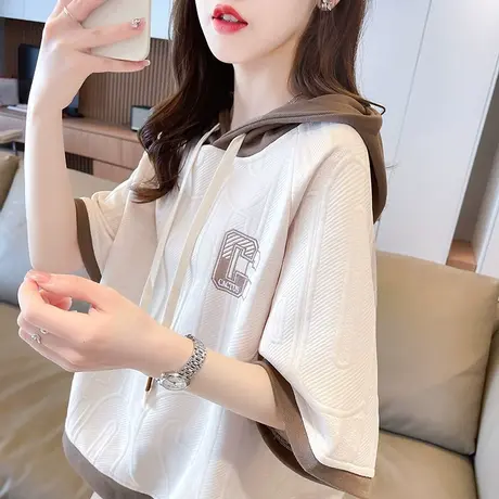 连帽短袖t恤女2023新款夏季韩版宽松小众设计感小个子撞色上衣服图片