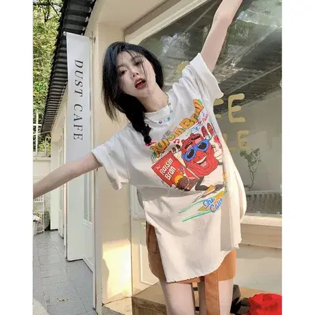 纯棉短袖t恤女夏季宽松chic港味设计感小众别致下衣失踪半袖上衣图片