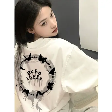 白色短袖t恤女夏季美式复古oversize大码宽松小众设计感半袖上衣商品大图