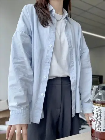 法式蓝色衬衫女秋季小众设计感长袖T恤港风chic复古气质外搭上衣图片