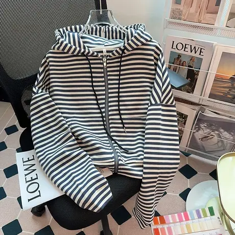 条纹美式连帽开衫卫衣女春秋薄款宽松设计感小众拉链上衣外套短款图片