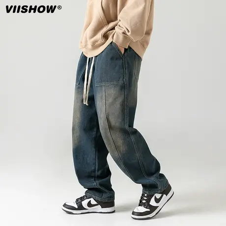 VIISHOW水洗牛仔裤男秋季美式复古宽松休闲设变拼接直筒长裤子商品大图