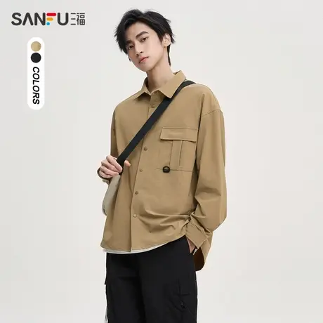 三福2023秋男士长袖衬衫 日系休闲宽松翻领上衣475419商品大图