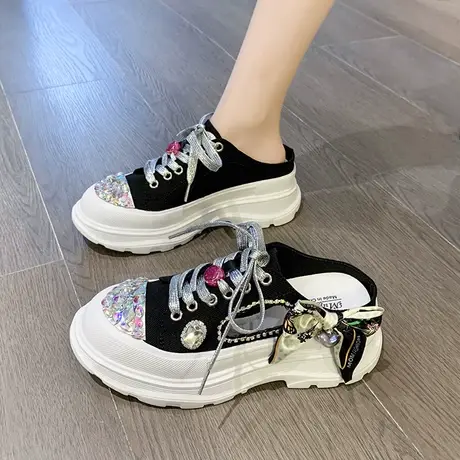 欧洲站超火炸街松糕半拖鞋女懒人鞋2023夏季休闲蝴蝶结水钻厚底鞋商品大图