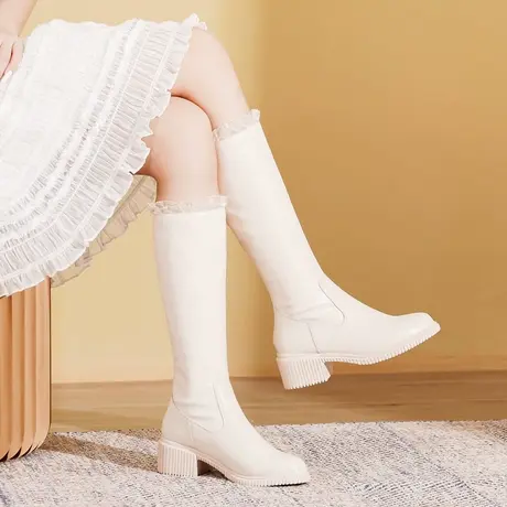 百翎2022秋冬新款女靴子仙女风长靴高筒靴加绒粗跟厚底软底花边鞋图片