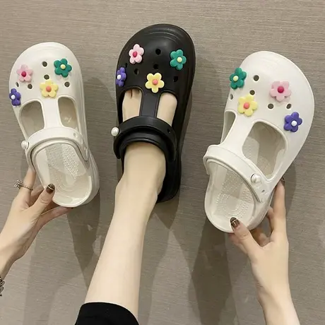 可爱花朵洞洞鞋女夏季时尚外穿厚底防滑包头半拖鞋两穿沙滩凉拖鞋商品大图