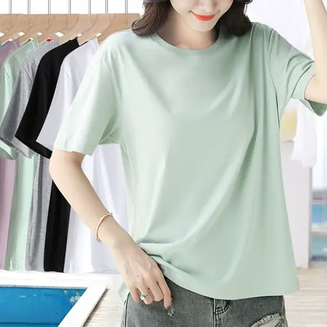 浅绿色短袖女宽松显瘦简约休闲纯色t恤纯棉大码女装小圆领体恤夏商品大图