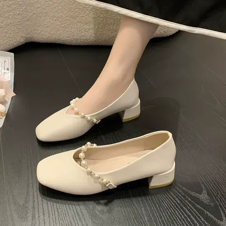 玛丽珍鞋女2024夏季新款浅口方头粗跟单鞋法式气质珍珠软底豆豆鞋图片
