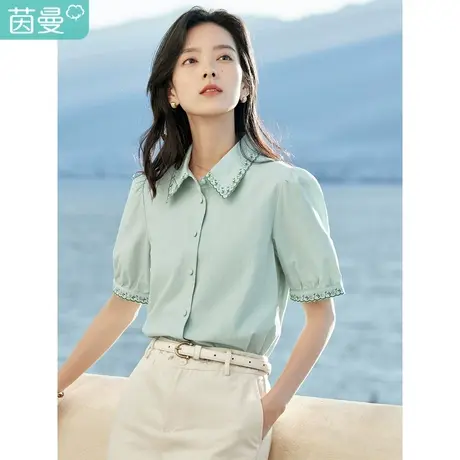 茵曼2023夏季女装新款时尚文艺波浪纹撞色刺绣纯棉短袖衬衫衬衣商品大图