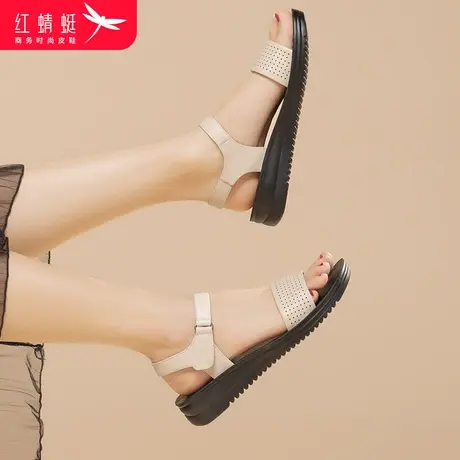 红蜻蜓凉鞋中老年平底妈妈鞋坡跟真皮软底厚底一字带通勤上班鞋女商品大图