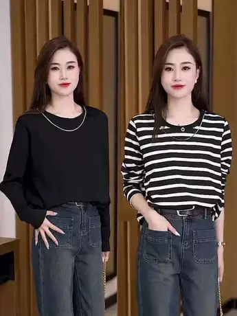 2023秋装新品韩系显瘦小个子条纹长袖T恤小衫女洋气百搭短款上衣图片