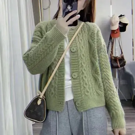 小香风短款麻花毛衣外套女2023春秋新款宽松圆领温柔风针织开衫商品大图