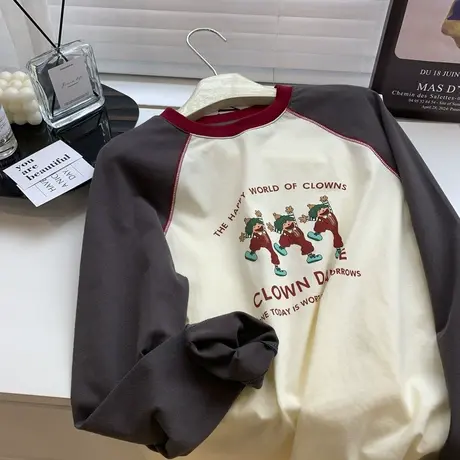 美式复古风插肩袖T恤女早春新款宽松减龄百搭撞色圆领长袖上衣潮商品大图