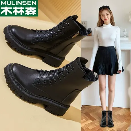 木林森靴子女爆款季潮流百搭中筒骑士皮靴2024新款内增高马丁短靴图片