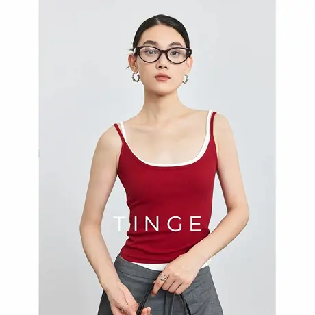 TINGE贴己红色弹力棉坑纹吊带背心女夏季隐藏副乳打底上衣商品大图