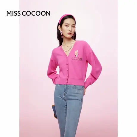 COCOON商场同款时尚开衫2025夏新款女短款V领长袖绵羊毛针织衫商品大图